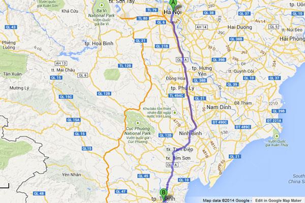 Bản đồ đường đi Hà Nội Thanh Hóa dành cho xe ô tô
